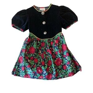 Vintage Kalula Kids Toddler Girl Holiday Dress Velvet Floral  Size‎ 4T